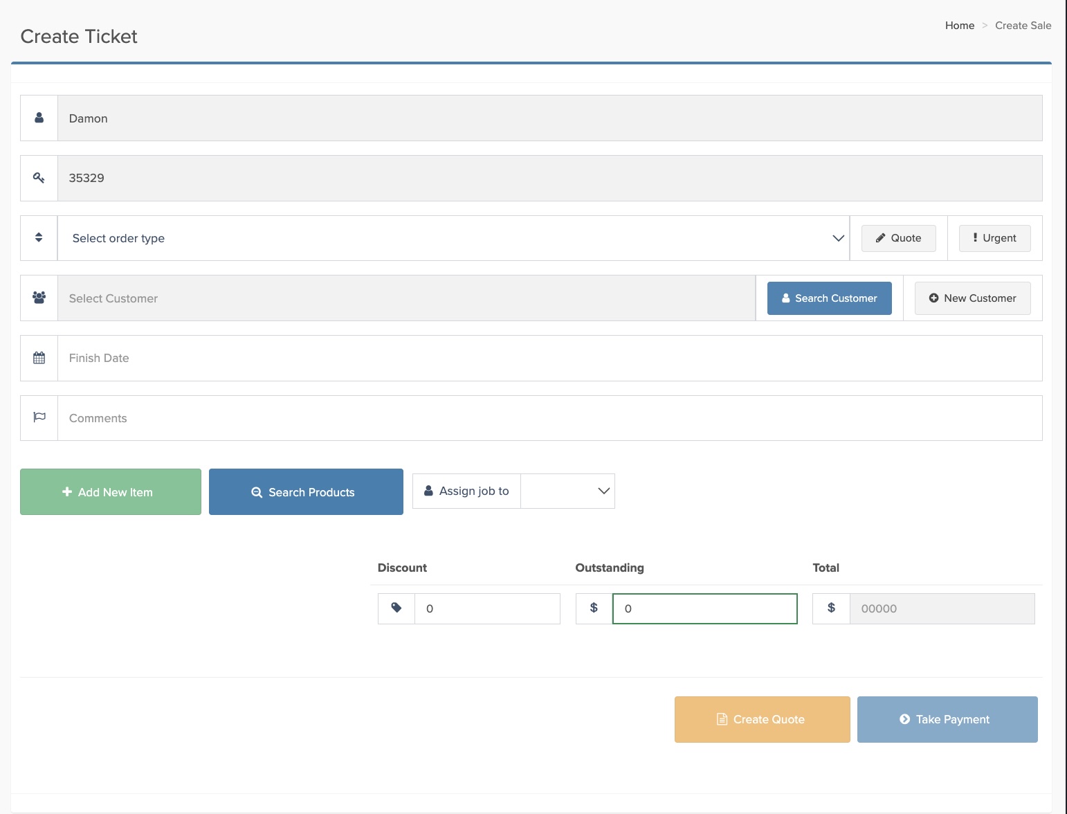 Create ticket screen